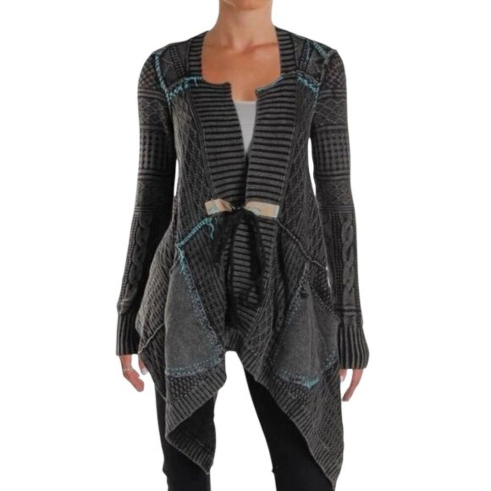 Free People Grey Patchwork Knit Duster Cardigan Sweater • Boho Coastal Cowgirl M - Picture 16 of 16